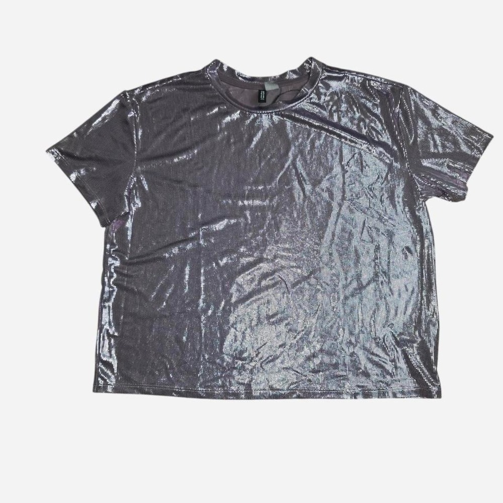 HM Divided Womens Metallic Silver Shimmer T-Shirt Shiny Short Sleeve Top Small